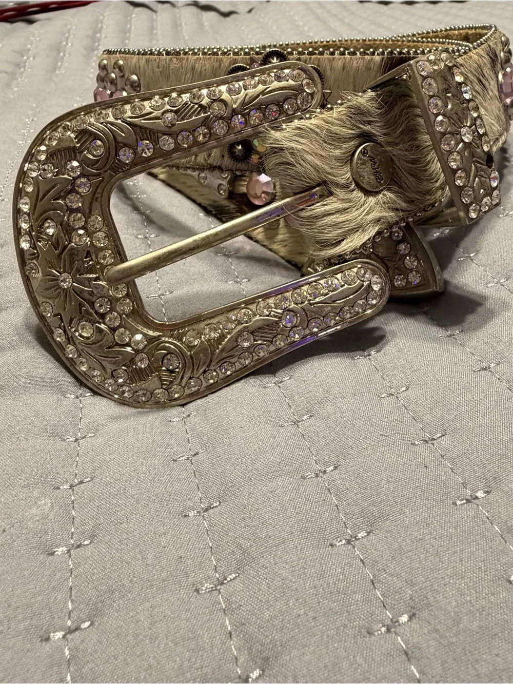 Western-Style Women’s Belt with rhinestones Pink Cowhide genuine leather - Picture 2 of 12